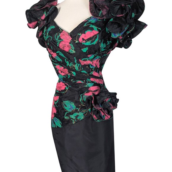 Vintage 80s Red Rose Floral Print Ruffle Sleeve Prom Cocktail Party Dress M - Picture 6 of 14